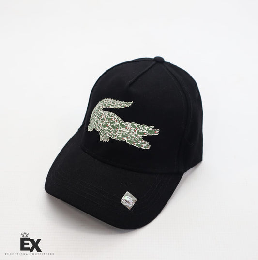 Black Baseball Cap with Embroidered Green Crocodile Logo
